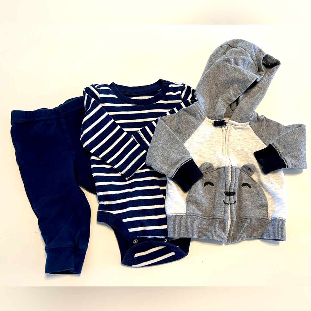 Blue and Gray Outfit with Bear Zip Up Hoodie Bundle